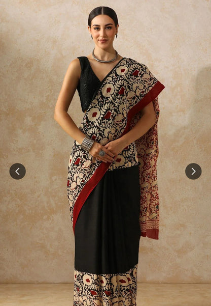 Pure cotton mulmul saree handblock printed in black – lightweight artisan-made cotton saree wholesale by Fabtexs