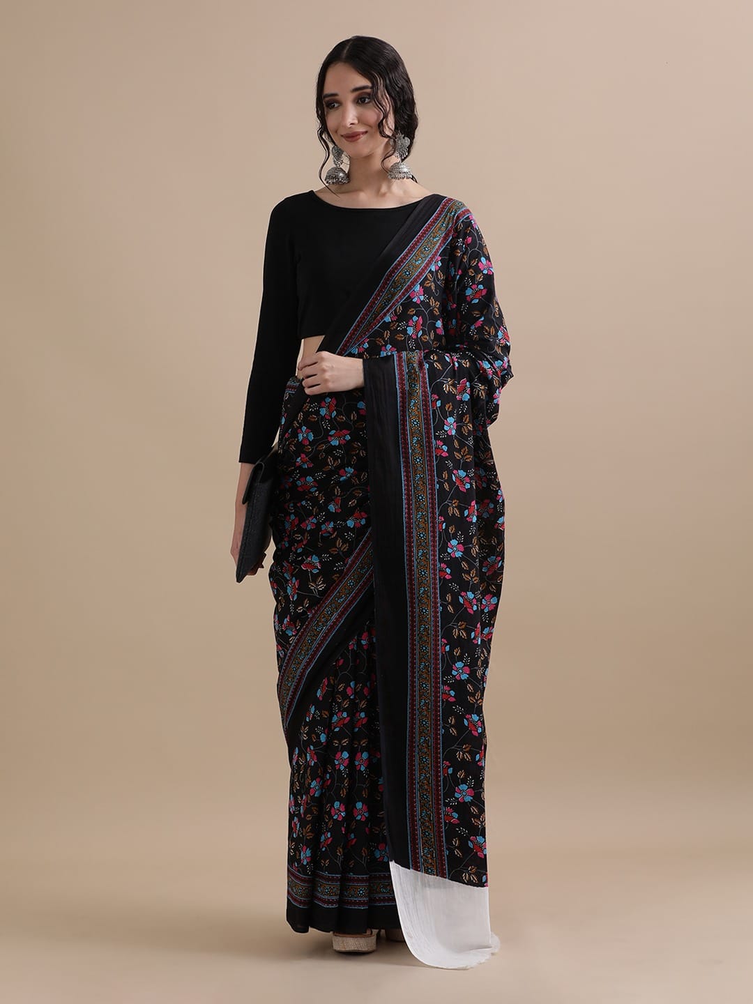 Cotton mulmul handblock printed saree wholesale in black jaal design