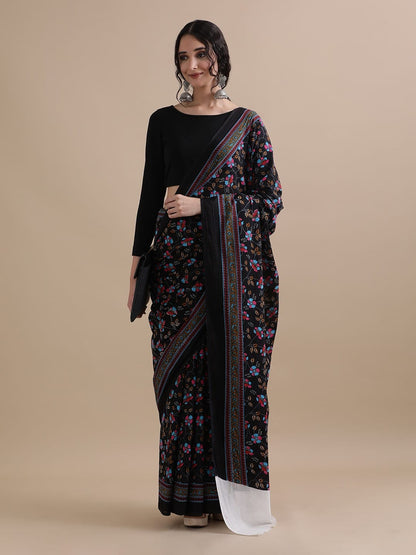 Cotton mulmul handblock printed saree wholesale in black jaal design