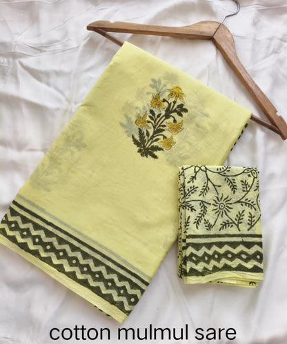 Cotton Mulmul Saree in black leaf butta print – Pure cotton handblock printed saree wholesale by Fabtexs
