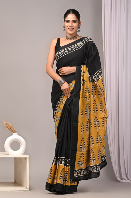 Cotton Mulmul Saree in black and mustard – Pure cotton handblock printed saree wholesale by Fabtexs