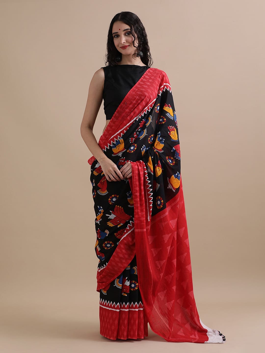 Cotton mulmul handblock printed saree wholesale in black red border design