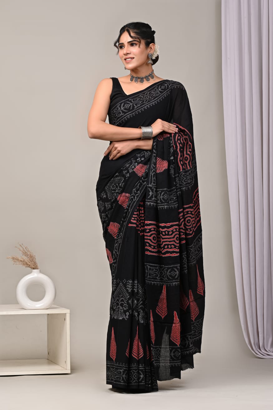 Cotton Mulmul Saree in black with rust border – Pure cotton handblock printed saree wholesale by Fabtexs