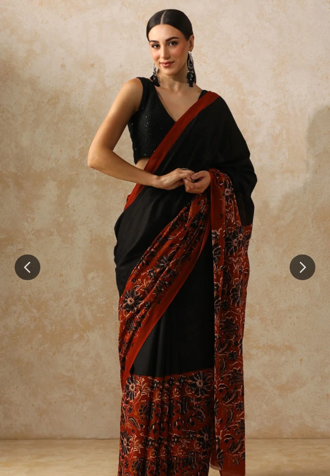Cotton Mulmul Saree in black rust jaal design – Pure cotton handblock printed saree wholesale by Fabtexs