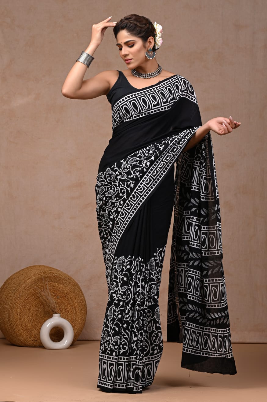 Cotton Mulmul Saree in black and white border pattern – Pure cotton handblock printed saree wholesale by Fabtexs