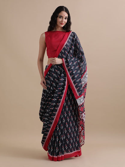 Cotton mulmul handblock printed saree wholesale in black white geometrical butti pattern
