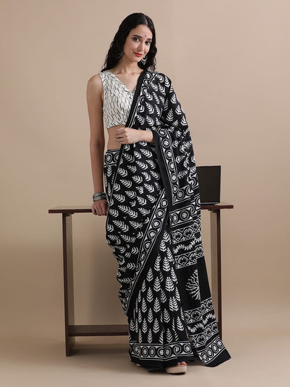Cotton mulmul handblock printed saree wholesale in black white floral design