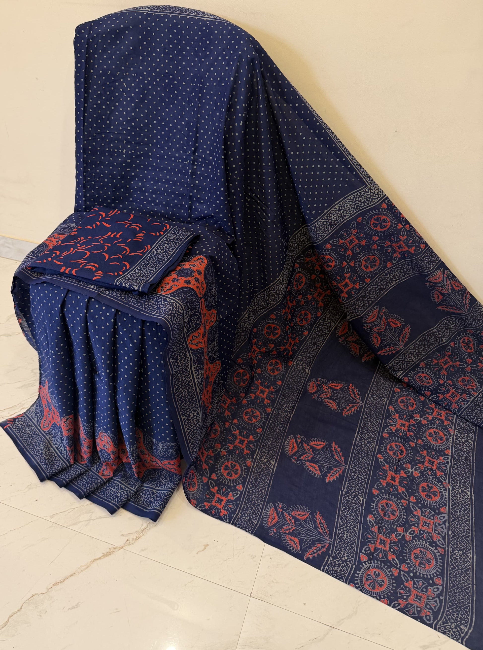 Cotton mulmul handblock printed saree wholesale in blue Ajrakh floral pattern