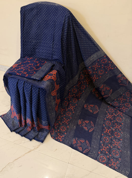 Cotton mulmul handblock printed saree wholesale in blue Ajrakh floral pattern
