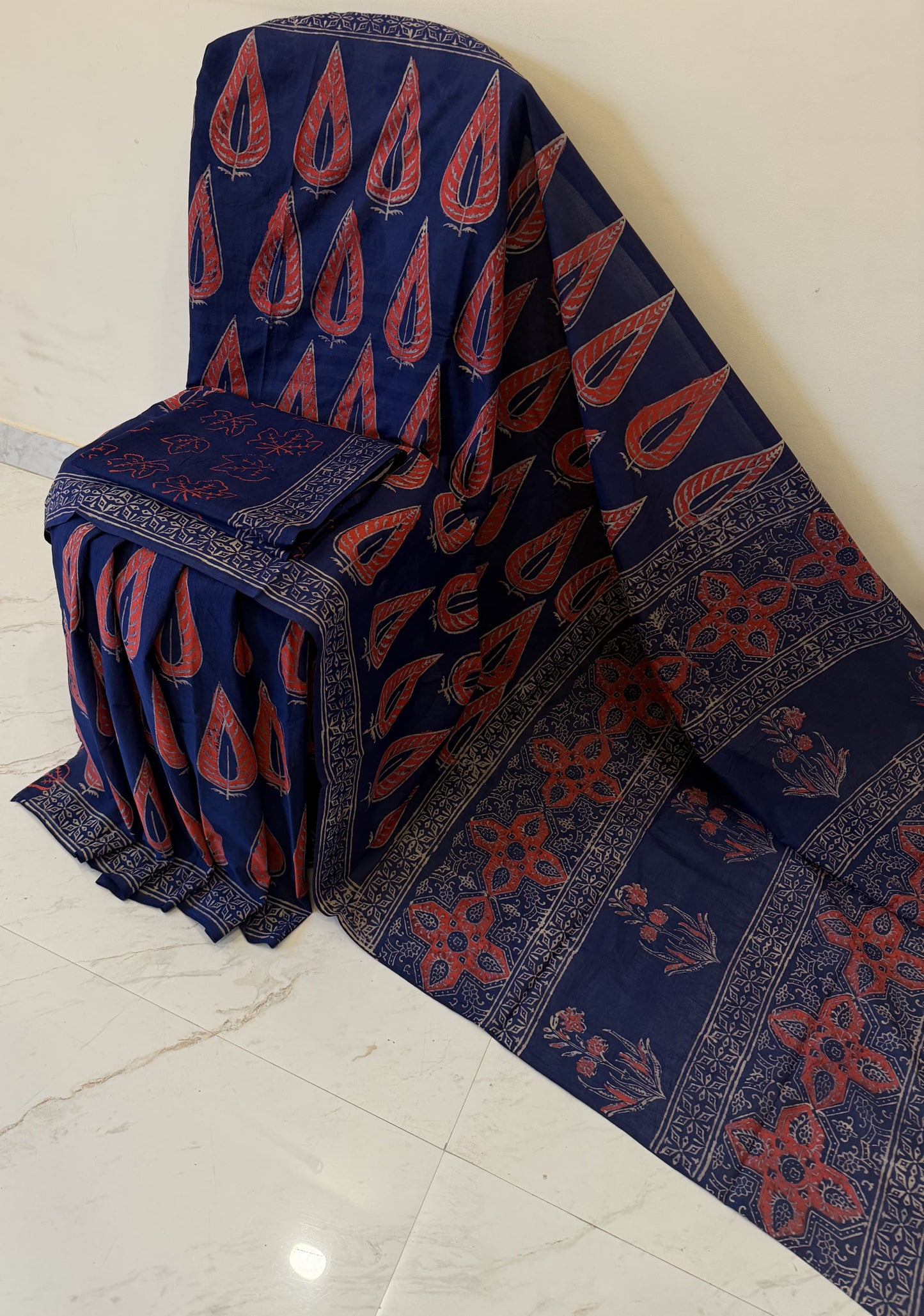 Cotton mulmul handblock printed saree wholesale in blue Ajrakh design
