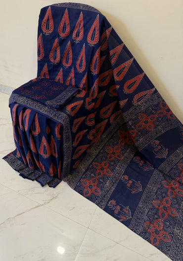 Cotton mulmul handblock printed saree wholesale in blue Ajrakh design