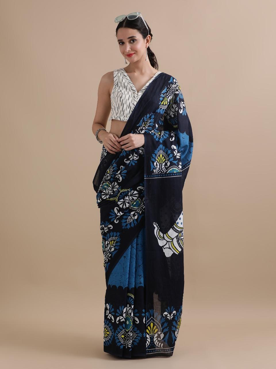 Cotton mulmul handblock printed saree wholesale in blue black floral pattern