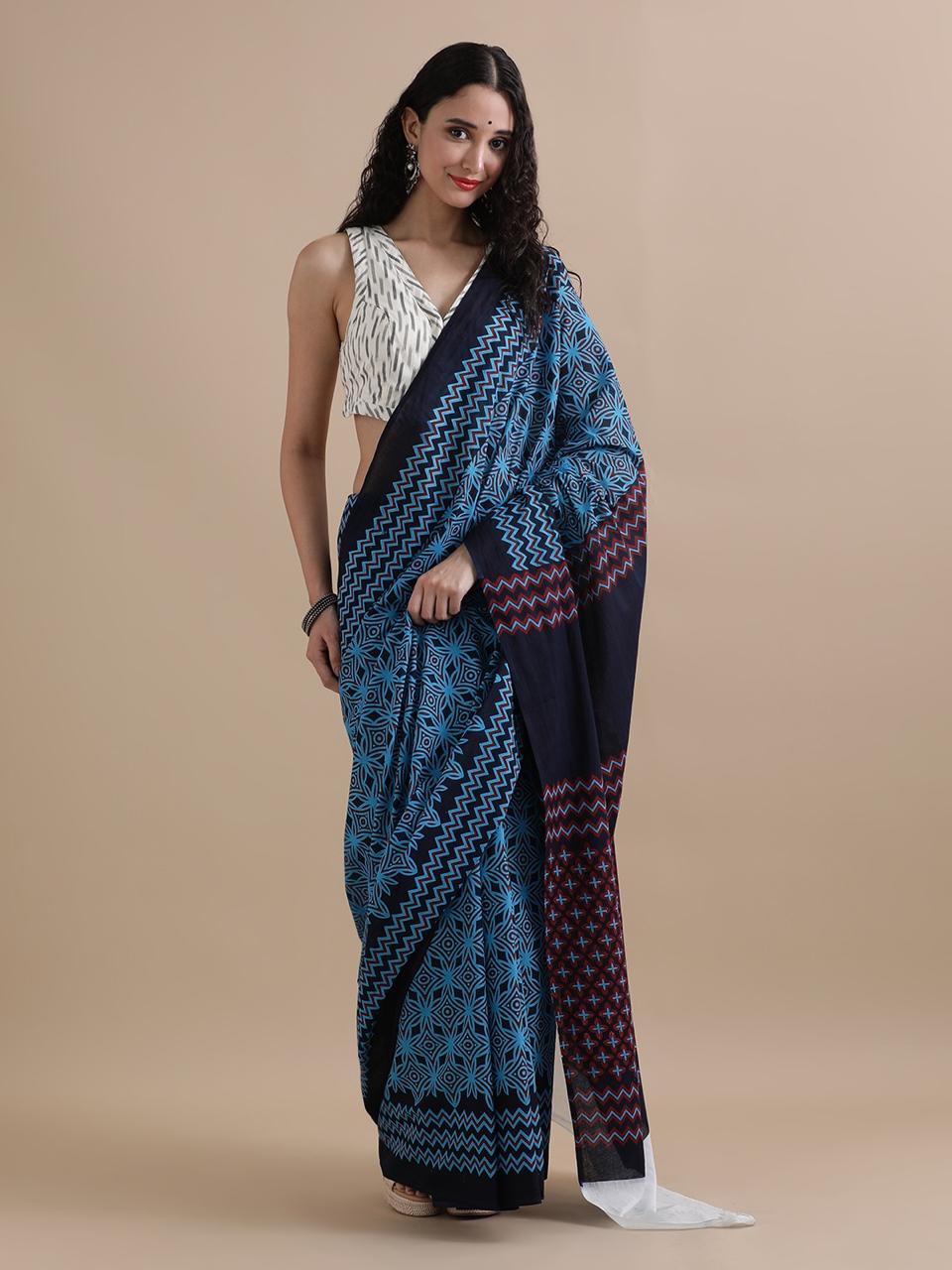 Cotton mulmul handblock printed saree wholesale in blue black floral pattern