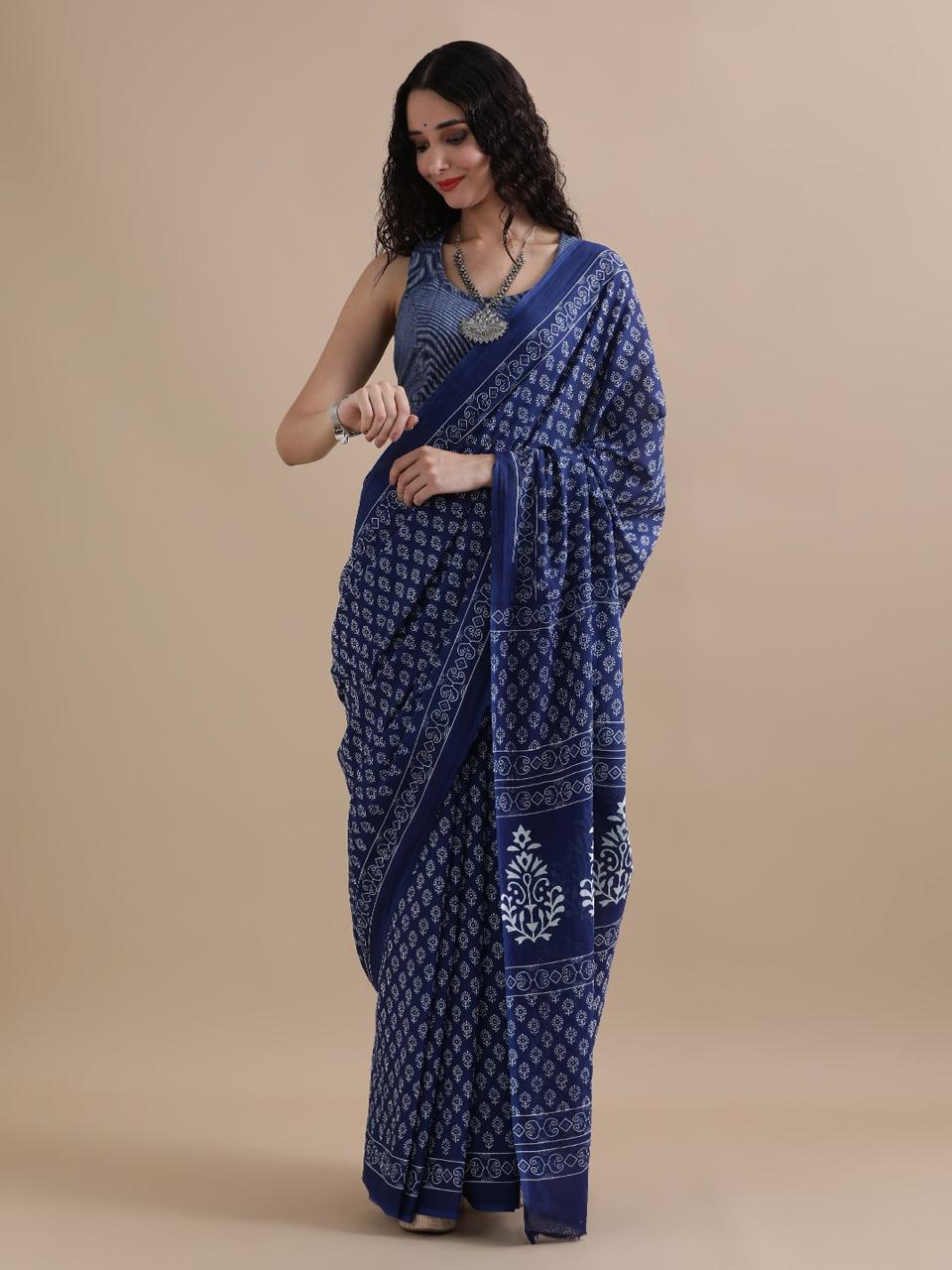 Cotton mulmul handblock printed saree wholesale in blue floral buti design