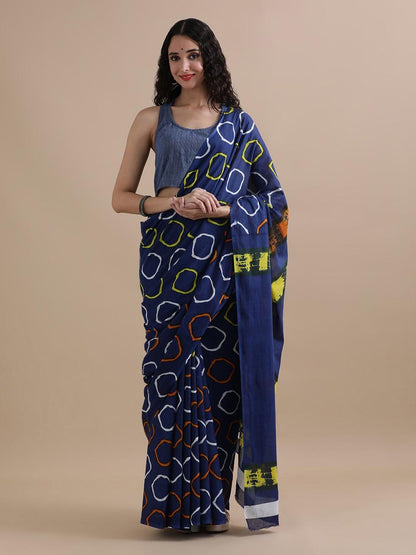 Cotton mulmul handblock printed saree wholesale in blue geometrical design