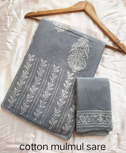 Cotton Mulmul Saree in blue marble pattern – Pure cotton handblock printed saree wholesale by Fabtexs