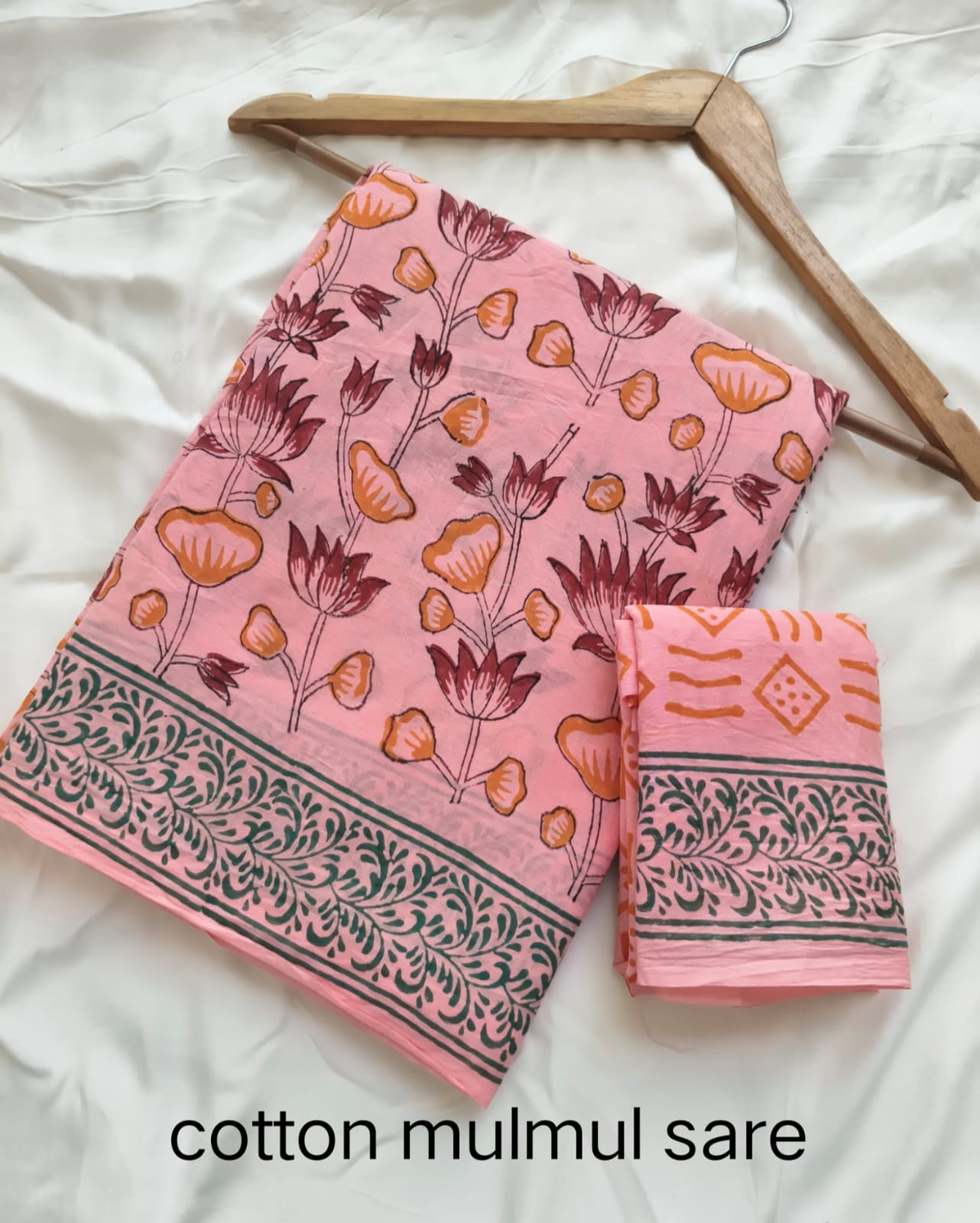Cotton Mulmul Saree in blue and peach marble pattern – Pure cotton handblock printed saree wholesale by Fabtexs