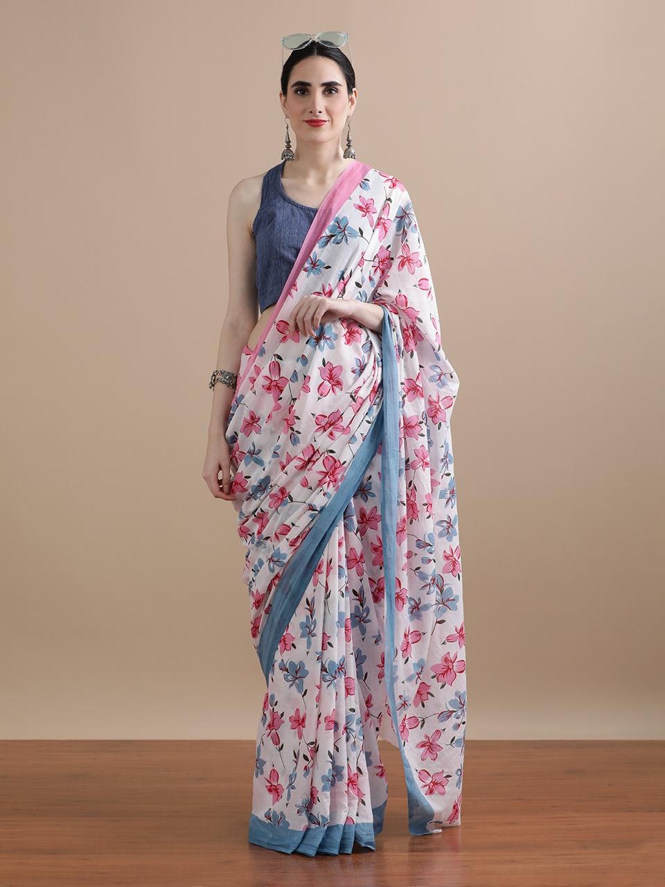 Cotton mulmul handblock printed saree wholesale in blue pink abstract floral design