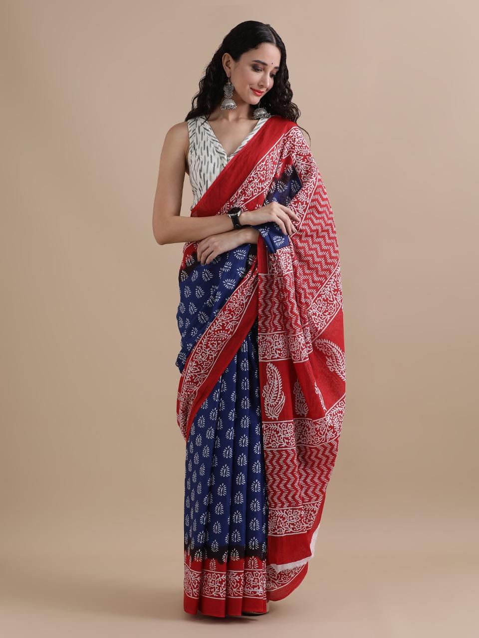 Cotton mulmul handblock printed saree wholesale in blue red floral pattern