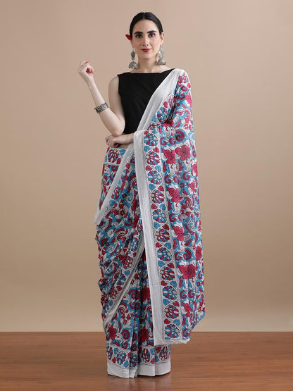 Cotton mulmul handblock printed saree wholesale in blue red white floral design