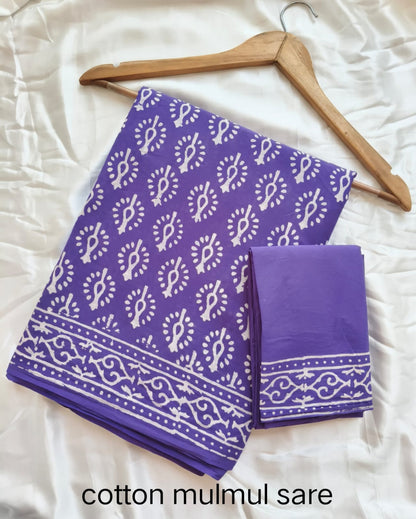 Cotton Mulmul Saree in blue and white butta – Pure cotton handblock printed saree wholesale by Fabtexs