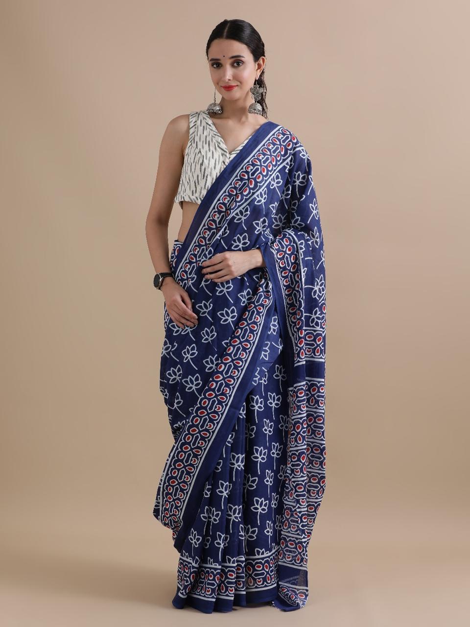 Cotton mulmul handblock printed saree wholesale in blue white floral print