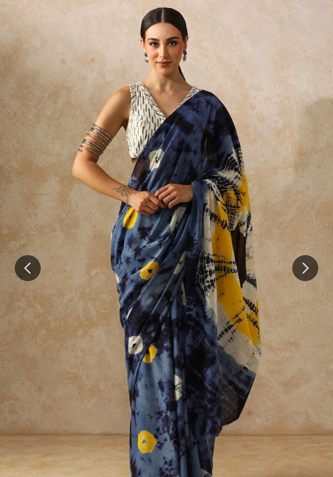 Pure cotton mulmul saree handblock printed in blue and yellow – lightweight cotton saree wholesale Fabtexs