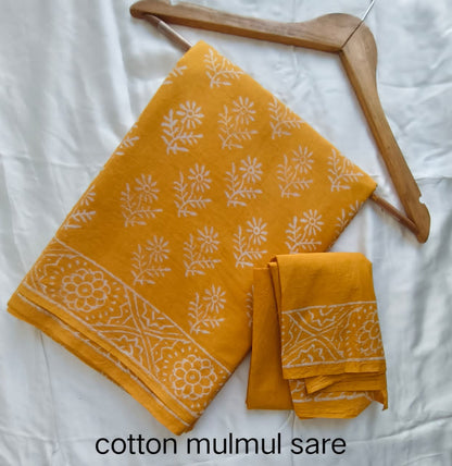 Cotton Mulmul Saree in cream and black – Pure cotton handblock printed saree wholesale by Fabtexs