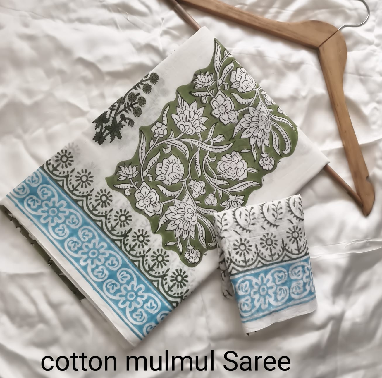 Cotton Mulmul Saree in dusty green – Pure cotton handblock printed saree wholesale by Fabtexs