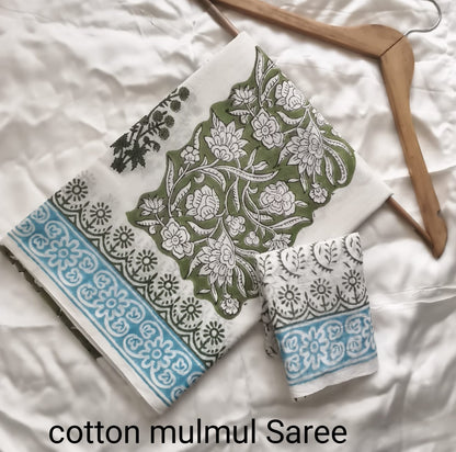 Cotton Mulmul Saree in dusty green – Pure cotton handblock printed saree wholesale by Fabtexs