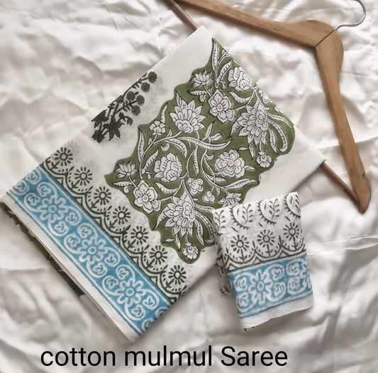 Cotton Mulmul Saree in dusty green – Pure cotton handblock printed saree wholesale by Fabtexs