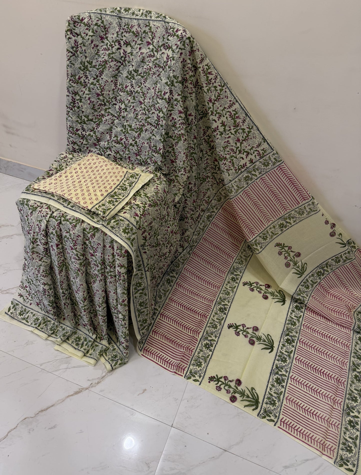 Cotton mulmul handblock printed saree wholesale in green Ajrakh pattern