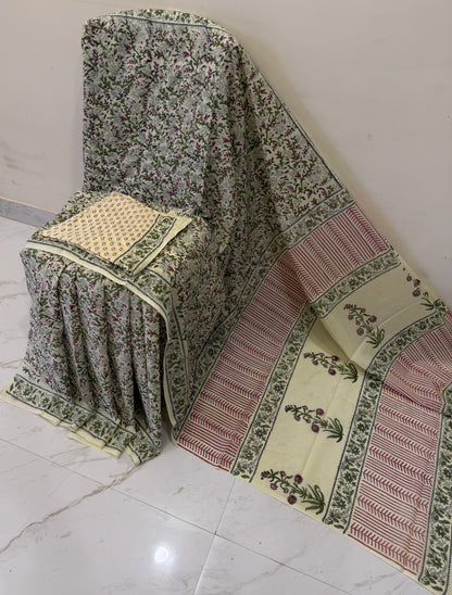 Cotton mulmul handblock printed saree wholesale in green Ajrakh pattern