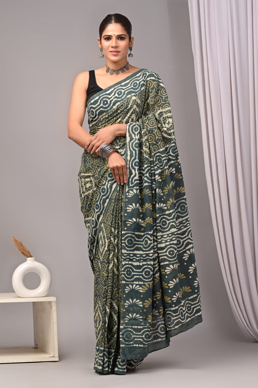 Cotton Mulmul Saree in green and grey – Pure cotton handblock printed saree wholesale by Fabtexs