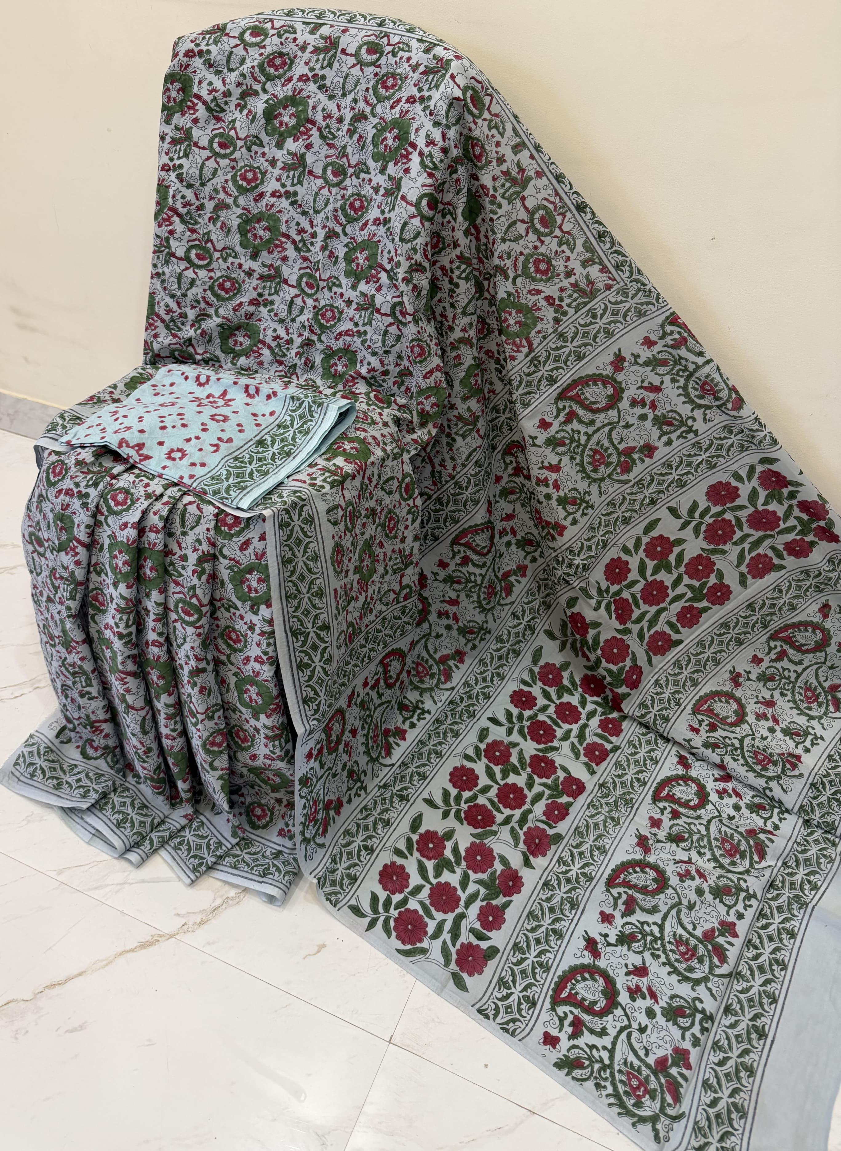 Cotton mulmul handblock printed saree wholesale in green maroon Ajrakh design