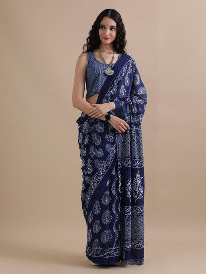 Cotton mulmul handblock printed saree wholesale in indigo blue floral pattern