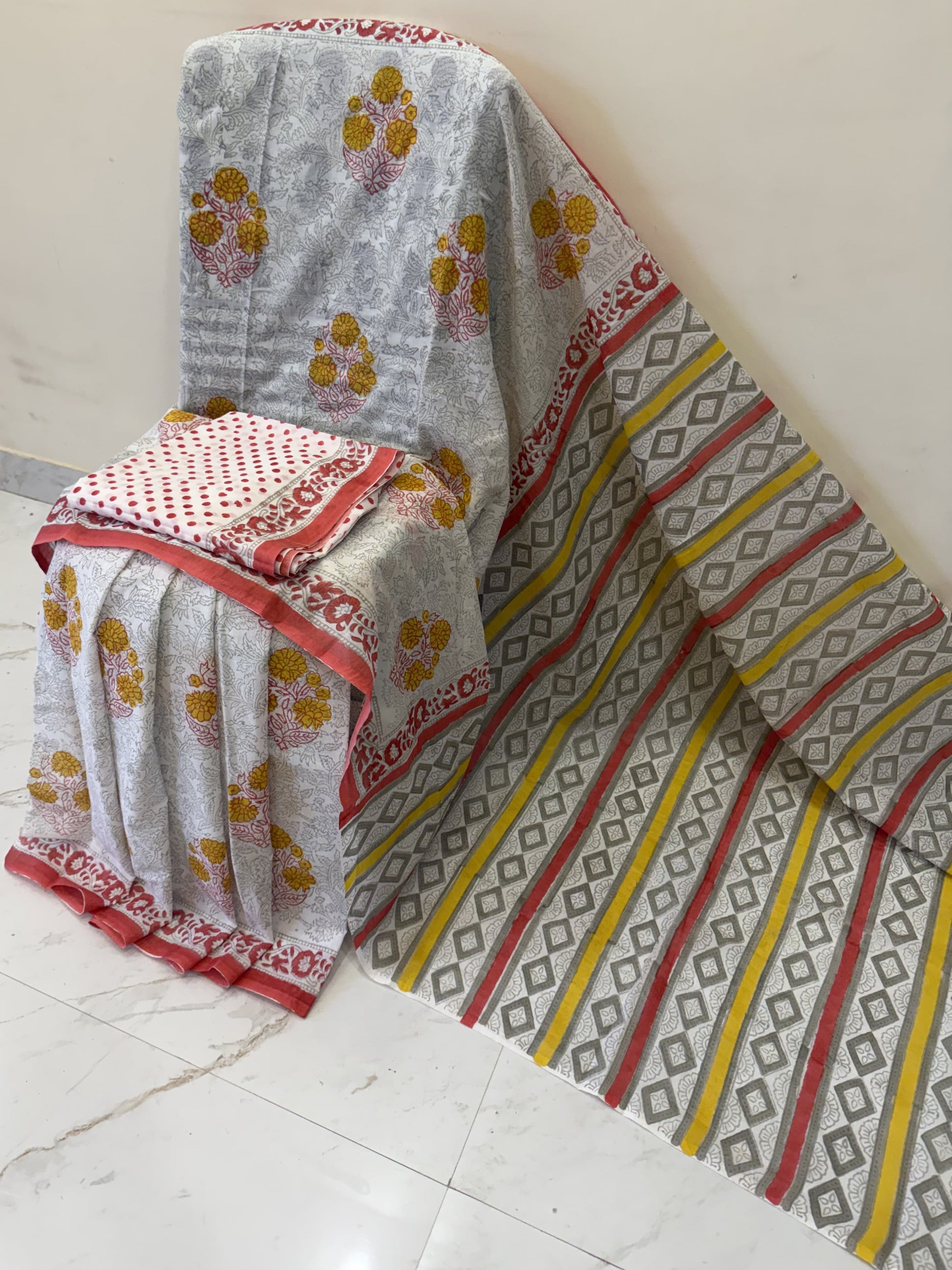 Cotton mulmul handblock printed saree wholesale in light grey Ajrakh design