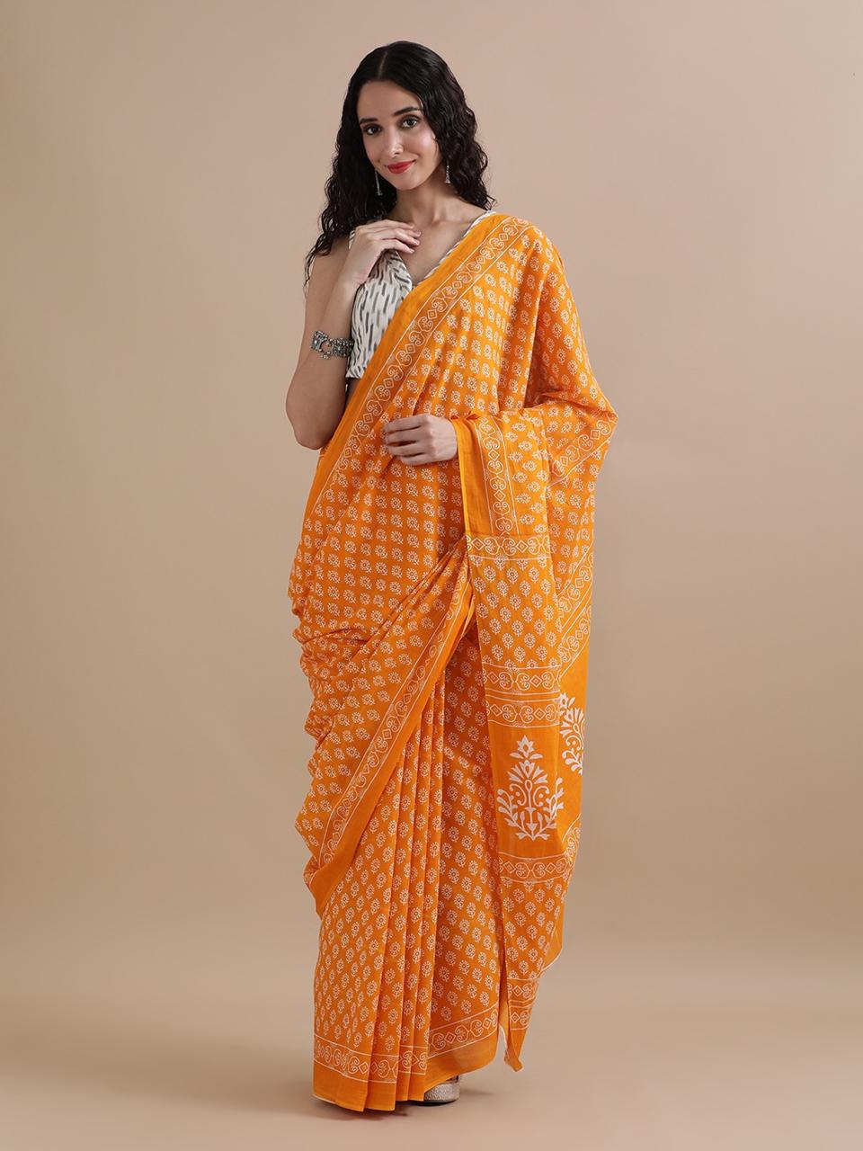 Cotton mulmul handblock printed saree wholesale in mango floral design