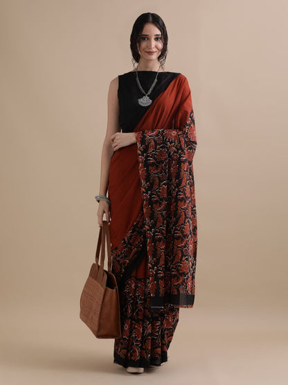 Cotton mulmul handblock printed saree wholesale in maroon black floral pattern