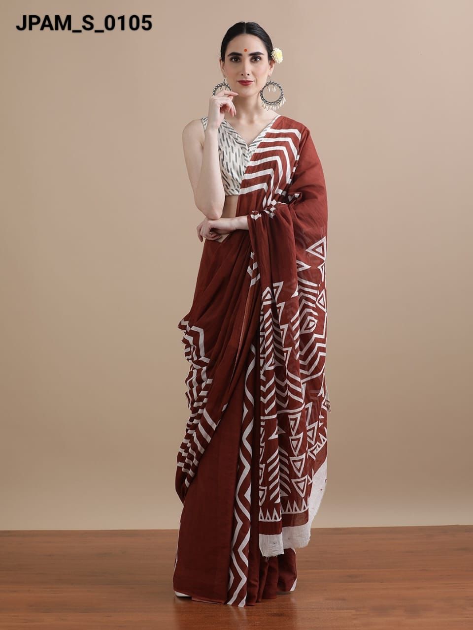 Cotton mulmul handblock printed saree wholesale in maroon white geometrical design