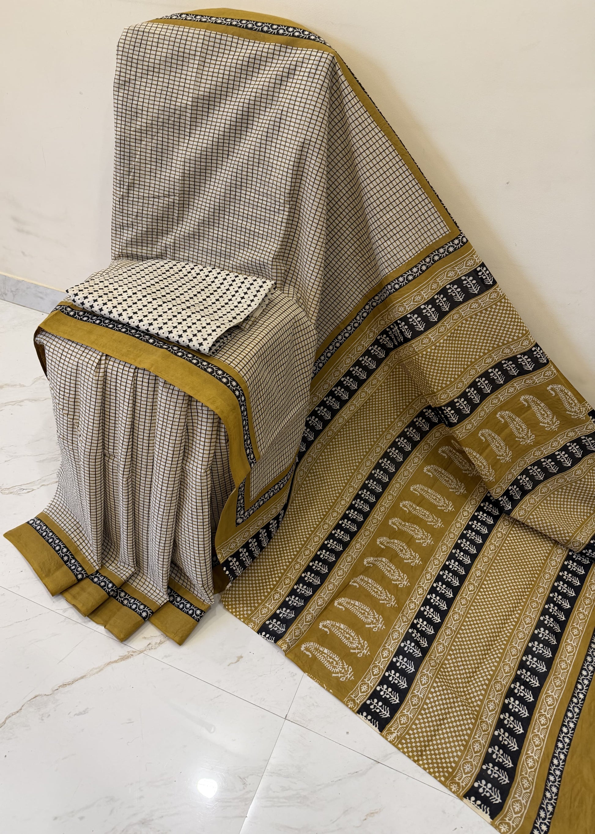 Cotton mulmul handblock printed saree wholesale in mustard Ajrakh design