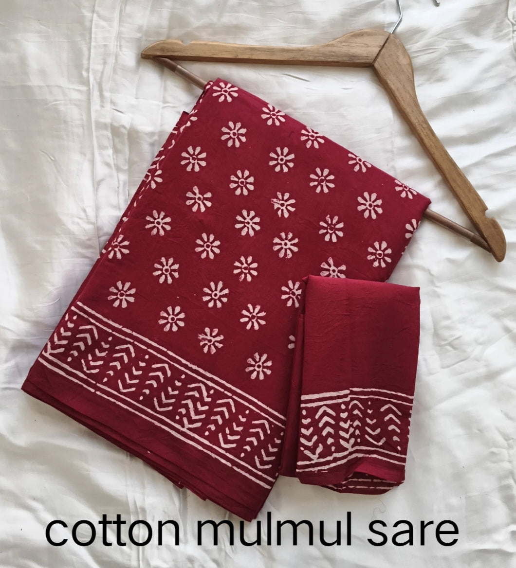 Cotton Mulmul Saree in orange and cream – Pure cotton handblock printed saree wholesale by Fabtexs