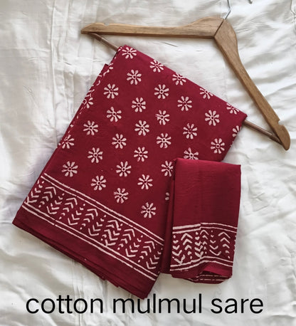 Cotton Mulmul Saree in orange and cream – Pure cotton handblock printed saree wholesale by Fabtexs
