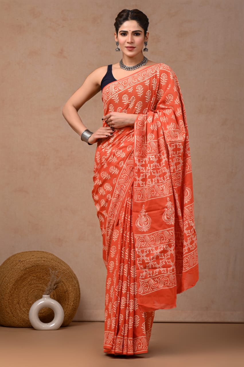 Cotton Mulmul Saree in orange and cream – Pure cotton handblock printed saree wholesale by Fabtexs