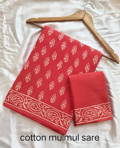Cotton Mulmul Saree in orange and red jaal design – Pure cotton handblock printed saree wholesale by Fabtexs