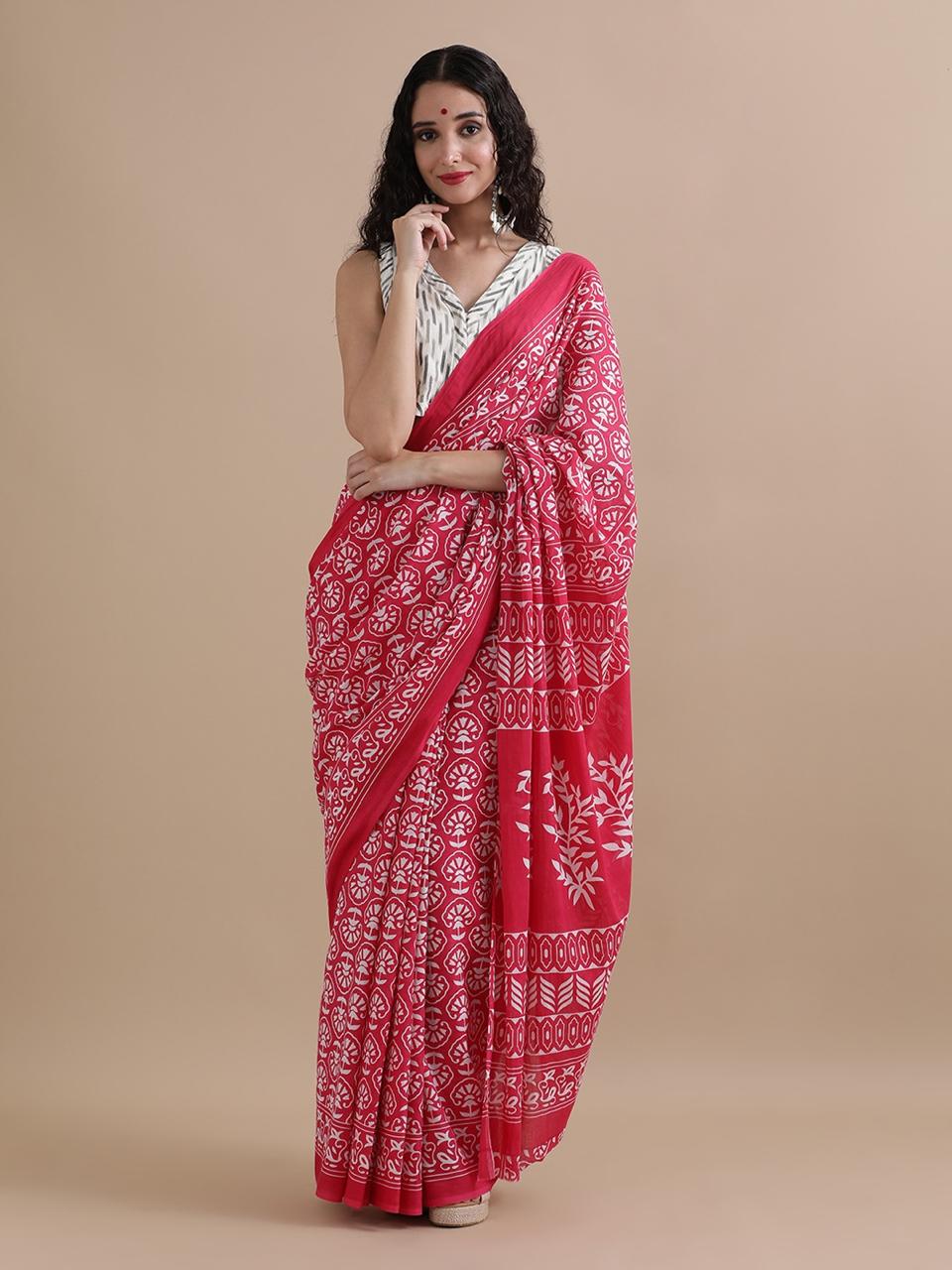 Cotton mulmul handblock printed saree wholesale in pink red floral design