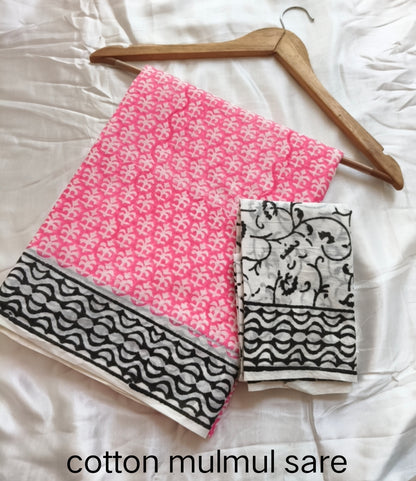 Cotton Mulmul Saree in pink, white and black – Pure cotton handblock printed saree wholesale by Fabtexs