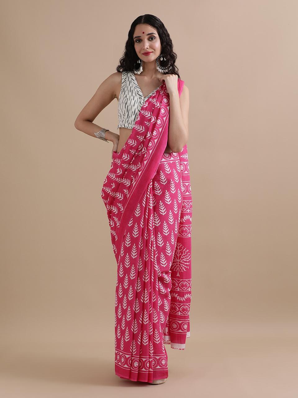 Cotton mulmul handblock printed saree wholesale in pink white leaf floral pattern