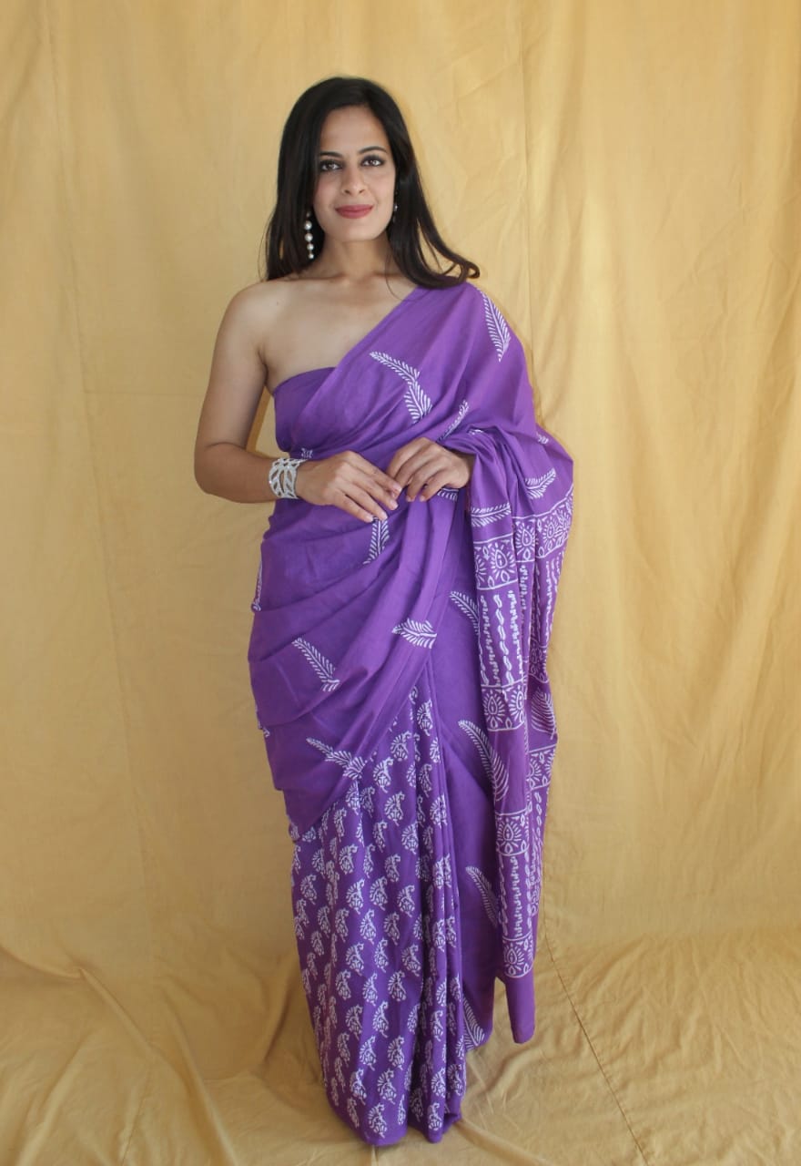 Cotton Mulmul Saree in purple designer print – Pure cotton handblock printed saree wholesale by Fabtexs