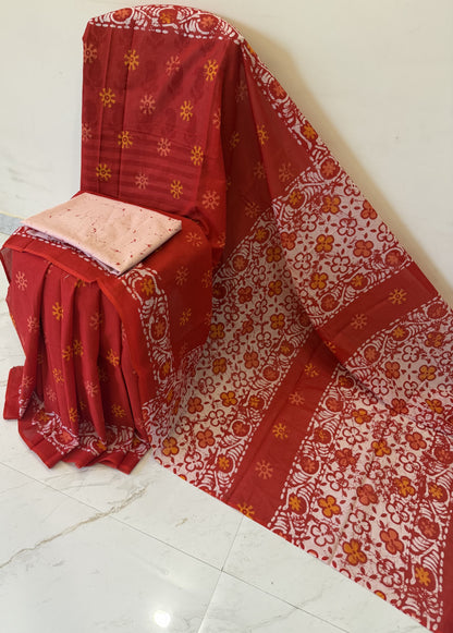 Cotton mulmul handblock printed saree wholesale in red Ajrakh design